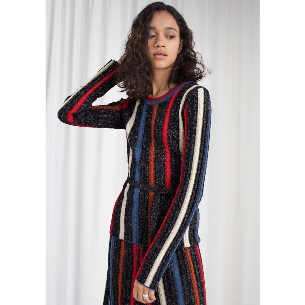& Other Stories Sz L Belted Striped Metallic Knit Sweater Multicolor - Picture 2 of 8